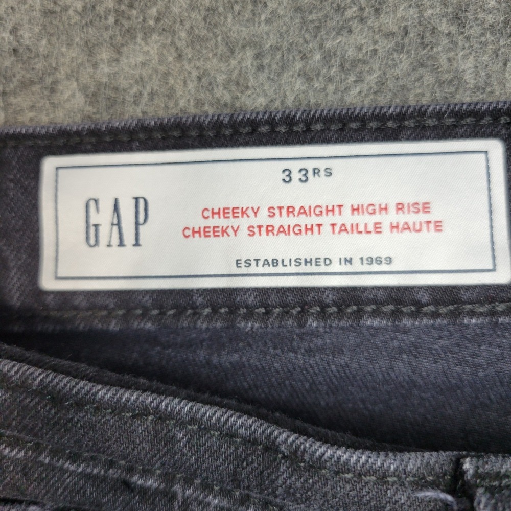 GAP Jeans Womens 33 Black Denim Distressed High Rise Americana Cheeky Straight - Picture 11 of 13